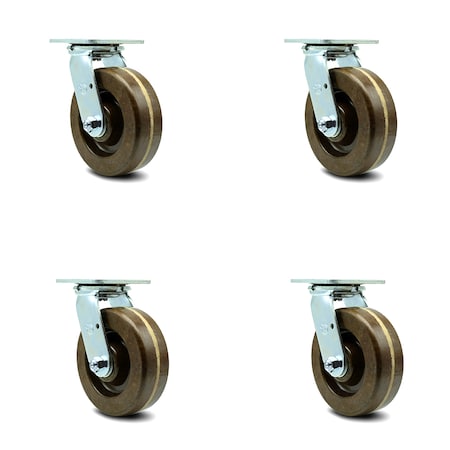 Service Caster 6 Inch High Temp Phenolic Swivel Caster Set with Roller Bearing and Swivel Lock SCC-30CS620-PHRHT-BSL-4